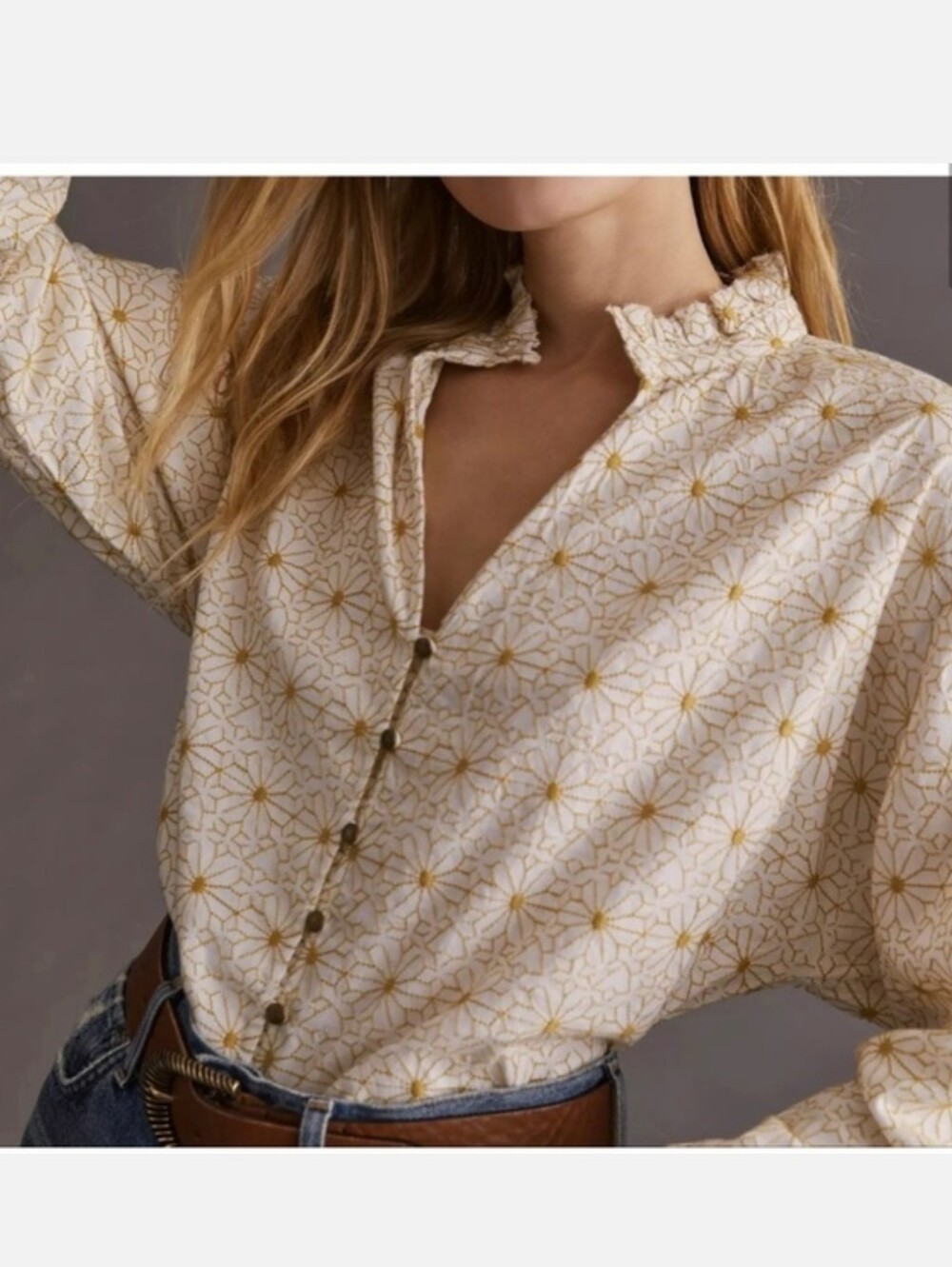 Anthro Pilcro Yellow Cream Embroidered Daisy Fall Floral Button Down Top Size S